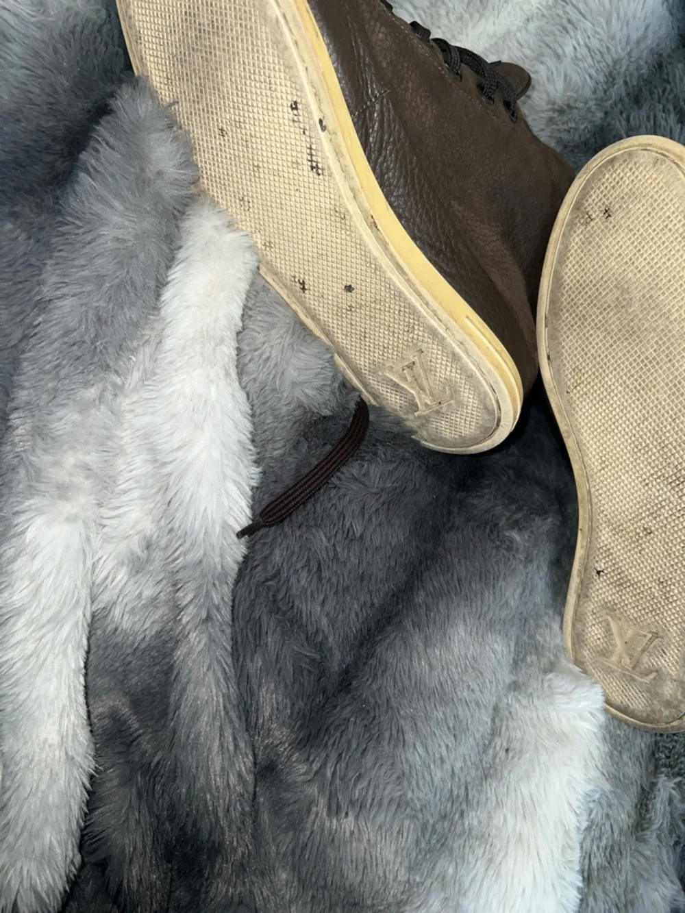 Louis Vuitton Brown Leather High-Top Sneakers with Yellow Sole - Picture 5 of 6